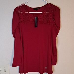 Adrienne Vittadini Red 3/4 Sleeve Lace Blouse